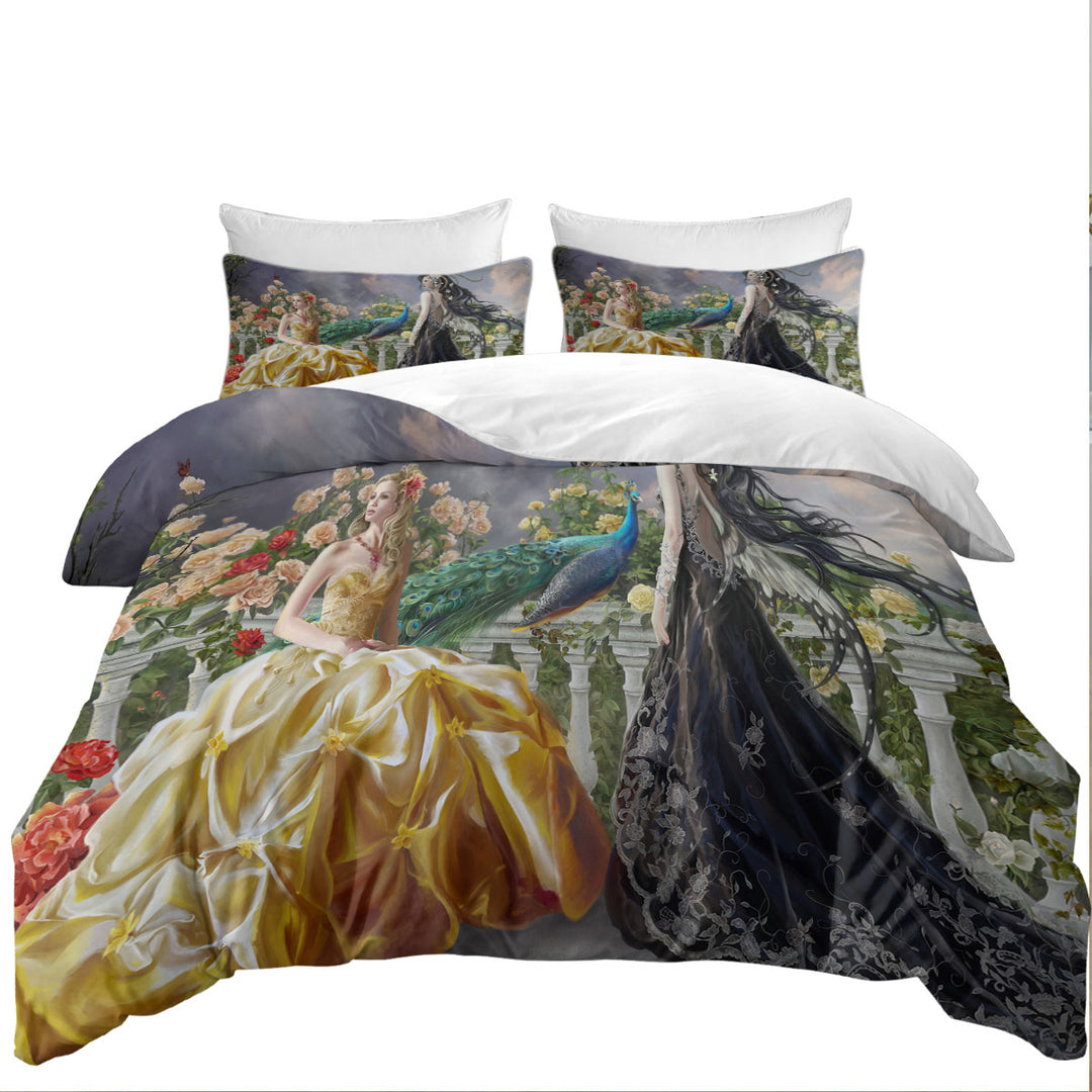 full Size Duvet Cover with Fantasy on the Rose Balcony Light and Dark Princesses