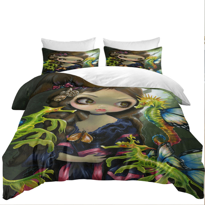 full Size Duvet Cover with Girl and the Sea Dragon and Seahorse Butterflies