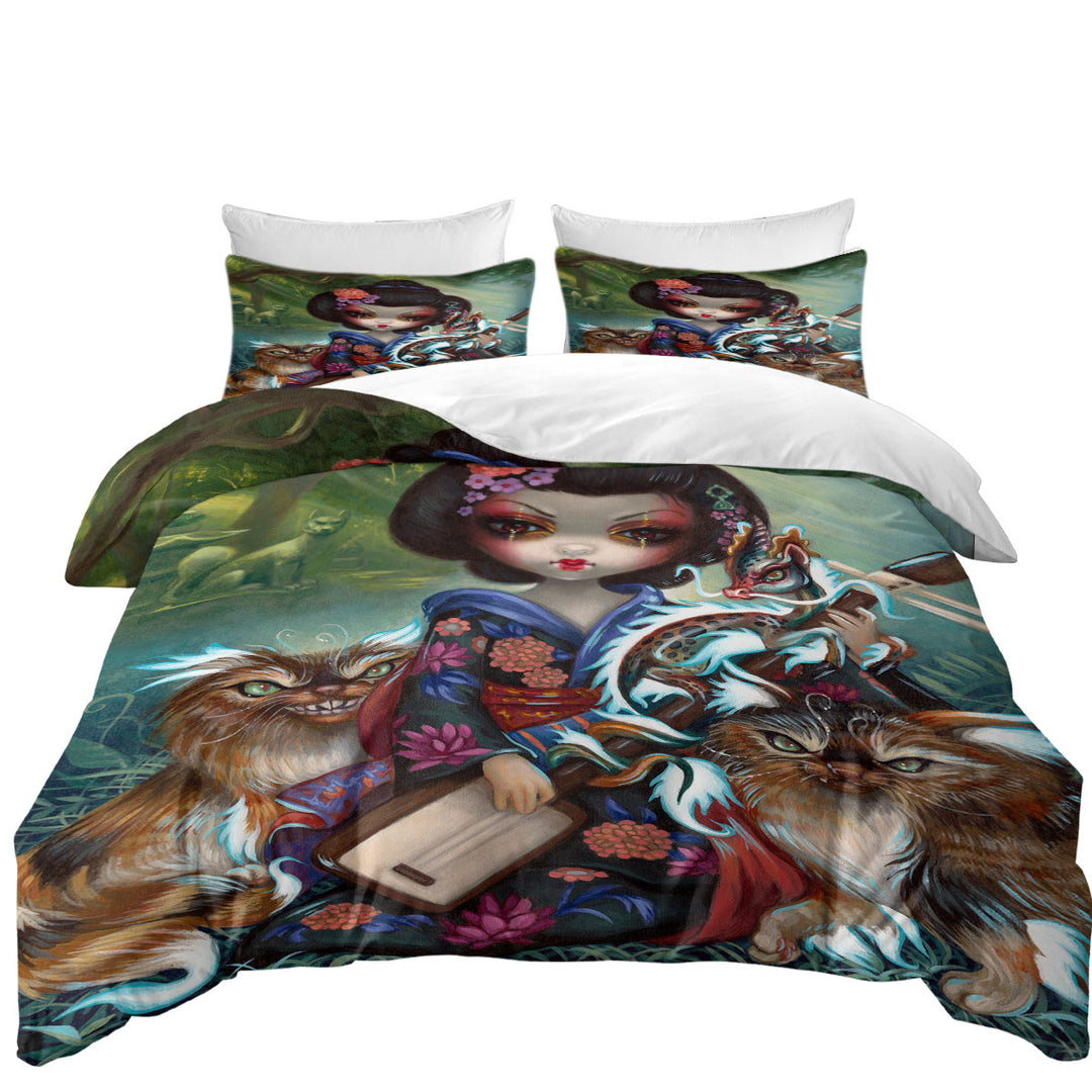 full Size Duvet Cover with Japanese Fantasy Art Geisha Girl Kirin and Bakeneko