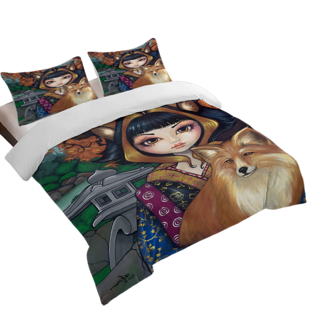 full Size Duvet Cover with KitSune Japanese Fantasy Art Fox Girl and Fox