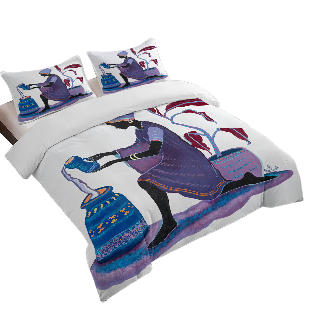 full Size Duvet Cover with Kneeling in Purple Dress African Art Painting Woman