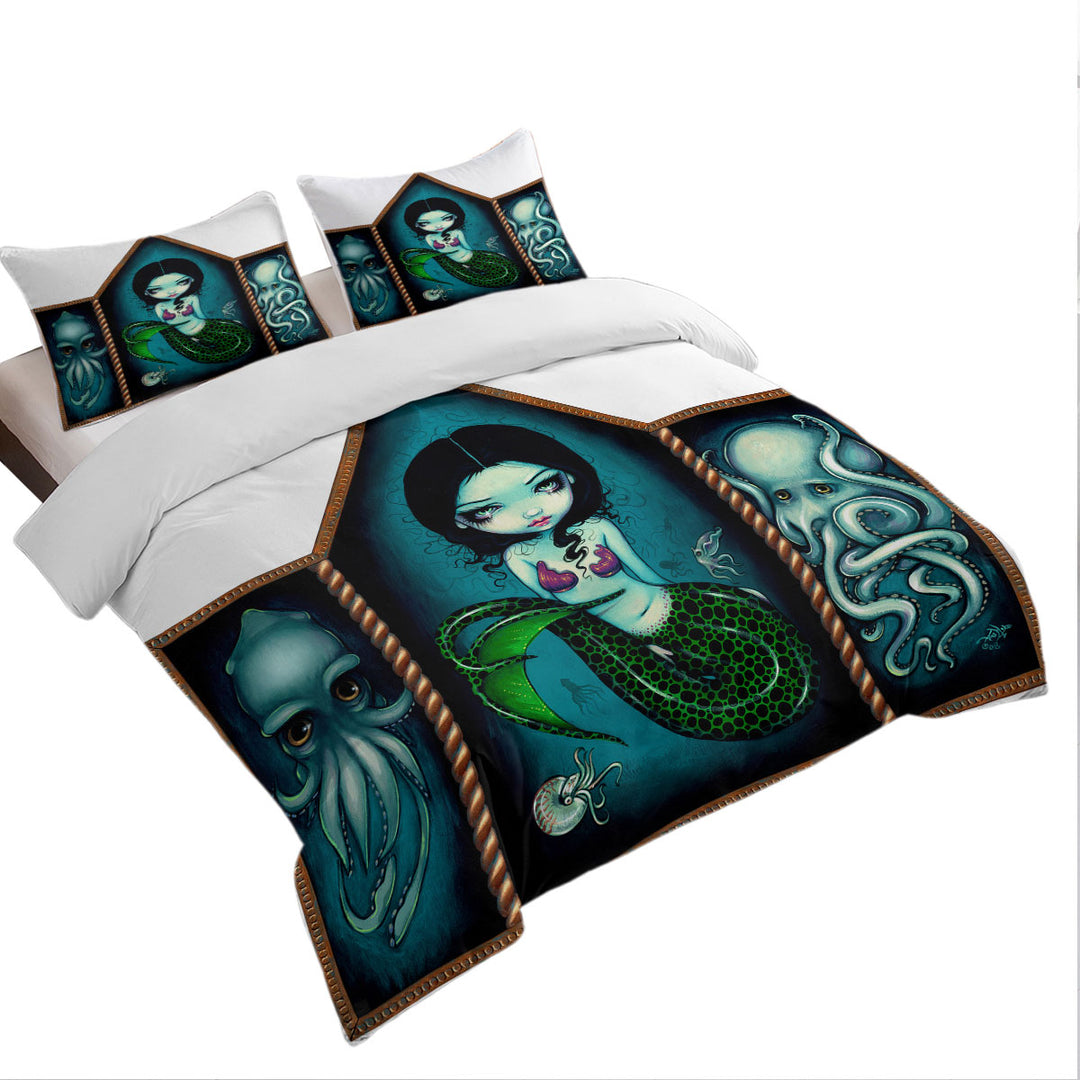 full Size Duvet Cover with Mermaid with Cephalopods Octopus Squid