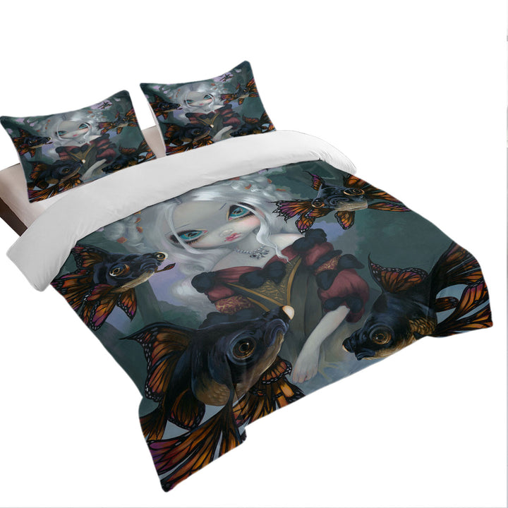 full Size Duvet Cover with Pretty Girl and the Black Moor Goldfish Butterfly