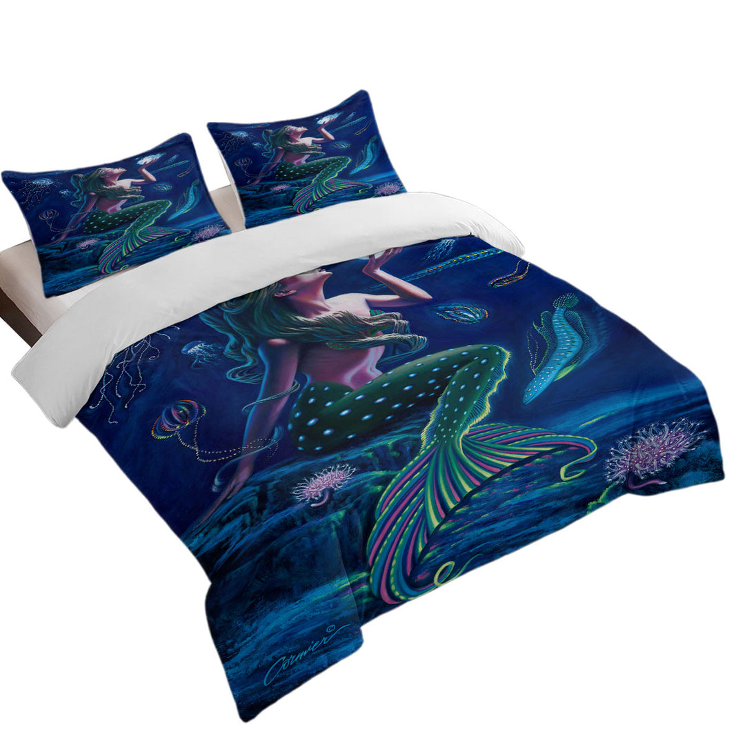 full Size Duvet Cover with Underwater Mermaid with Fish and Jellyfish