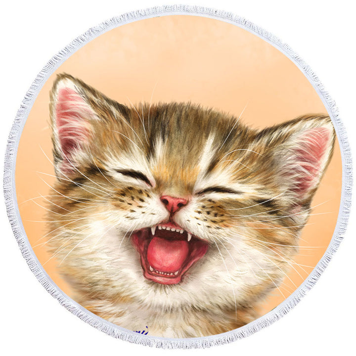 Adorable Circle Beach Towel for Children Laughing Kitten