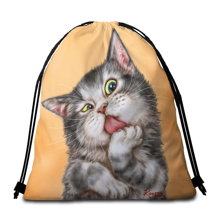 Art Drawing Beach Towels and Bags set Cats Beautiful Licking Grey Kitten