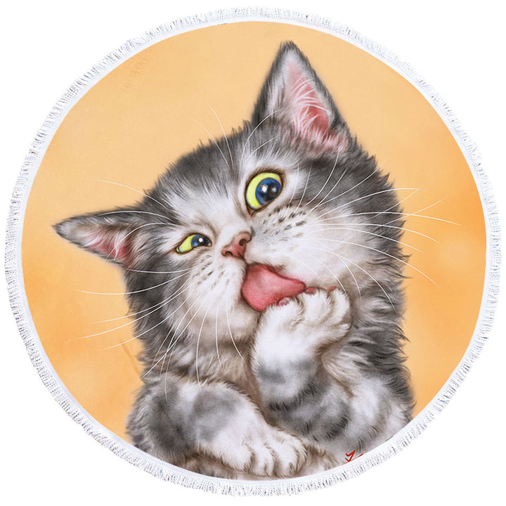 Art Drawing Circle Beach Towel Cats Beautiful Licking Grey Kitten