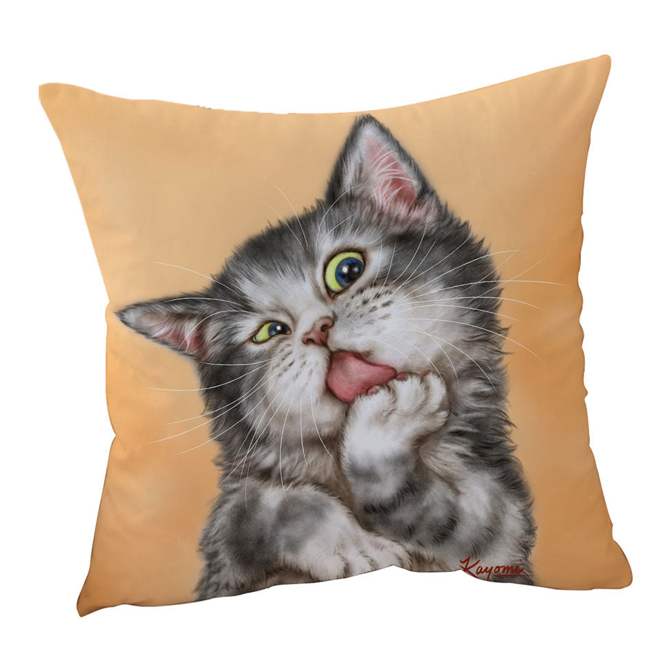 Art Drawing Pillow and Cushion Covers Cats Beautiful Licking Grey Kitten