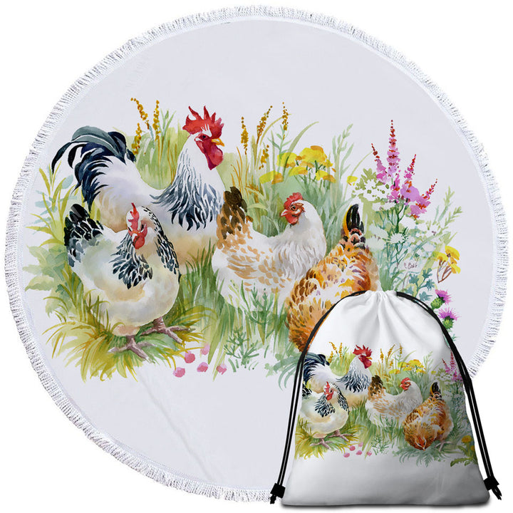 Art Painting Chickens Round Beach Towel