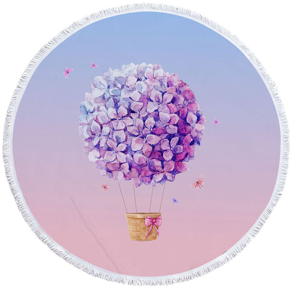 Artistic Purple Round Beach Towel Flowers Hot Air Balloon