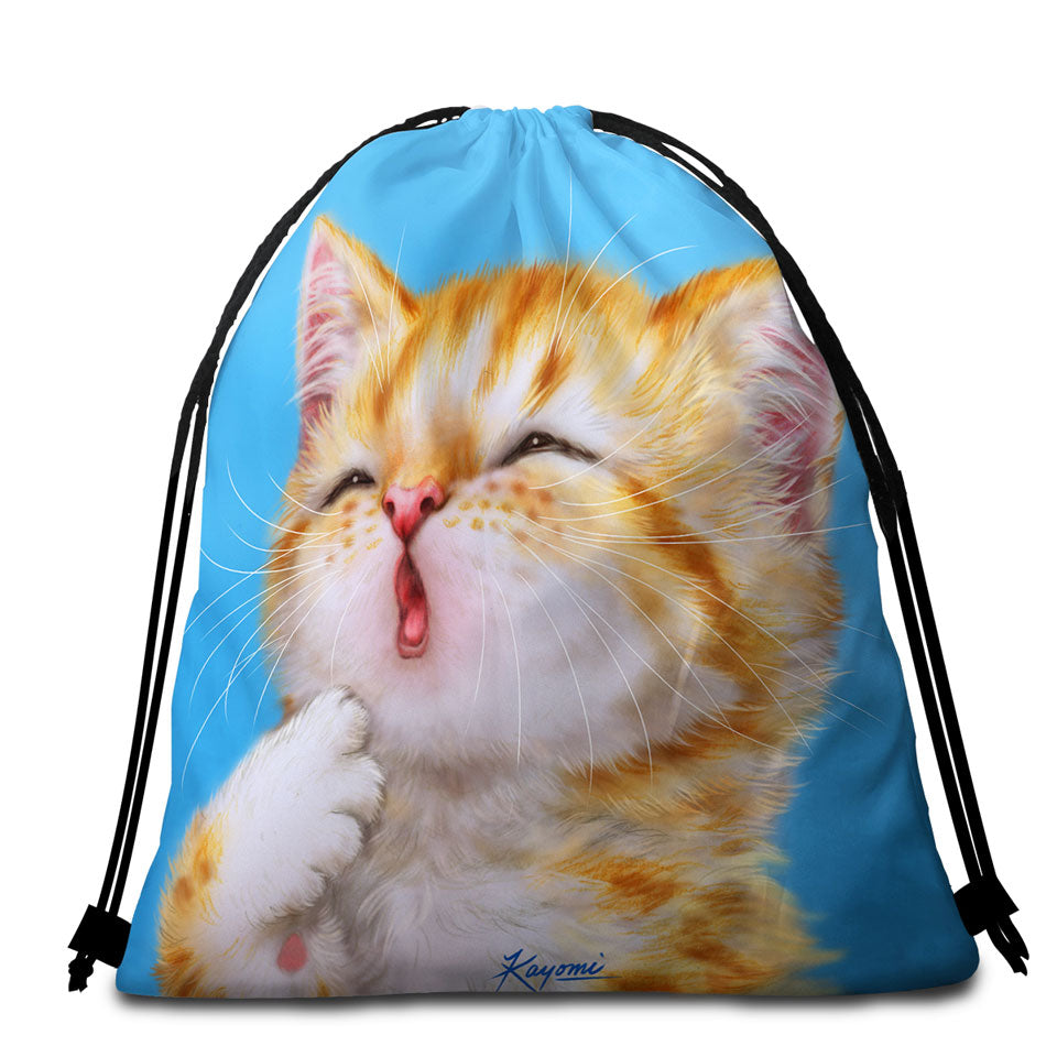 Beach Towel Bags Funny Cat Art Paintings Yawning Ginger Kitten