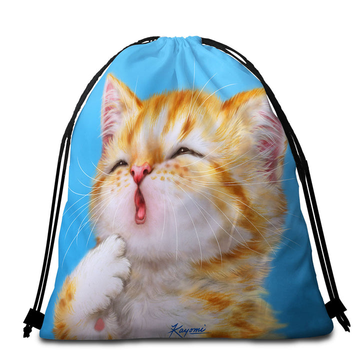 Beach Towel Bags Funny Cat Art Paintings Yawning Ginger Kitten