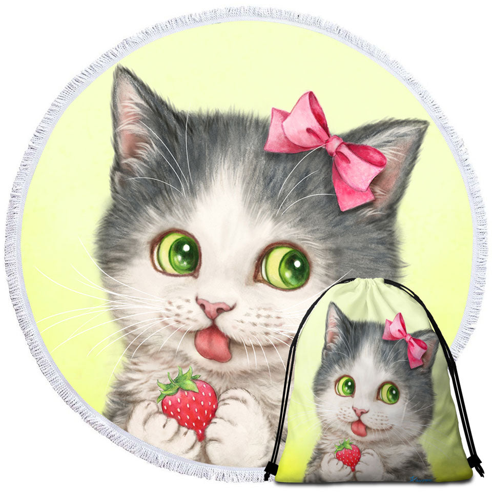 Beach Towels On Sale with Cute Paintings Strawberry Love Girly Kitten