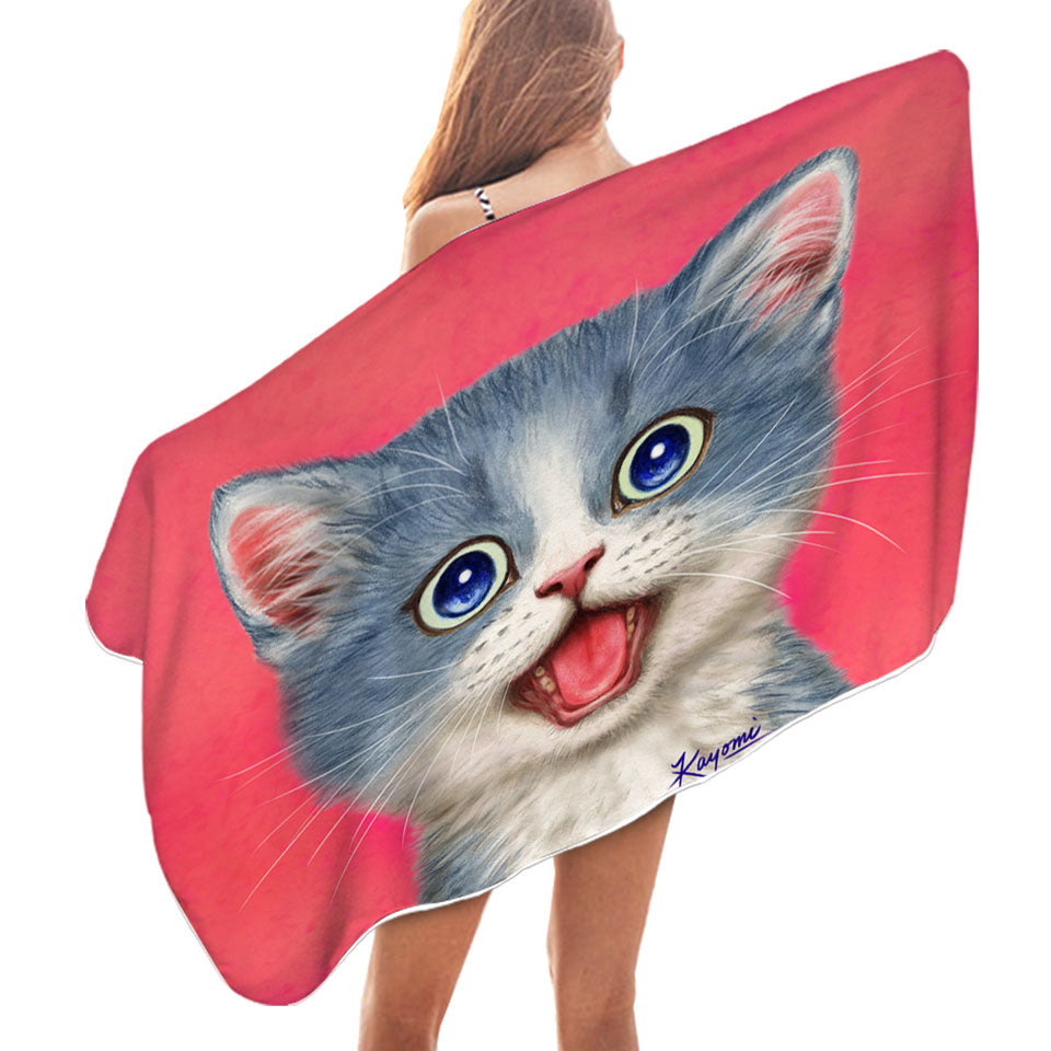 Beach Towels Sweet Happy Grey Kitten Cat