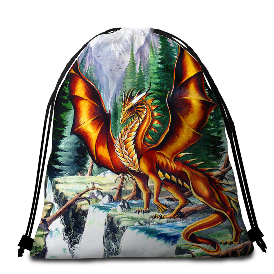 Beach Towels and Bags Set of Nature Mountain Waterfall Forest Solaris Dragon