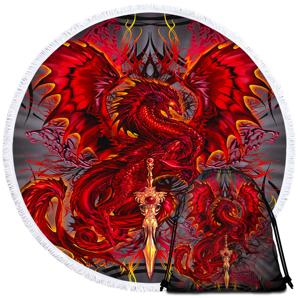 Beach Towels and Bags Set with Cool Fantasy Weapon Red Dragon Blood Blade