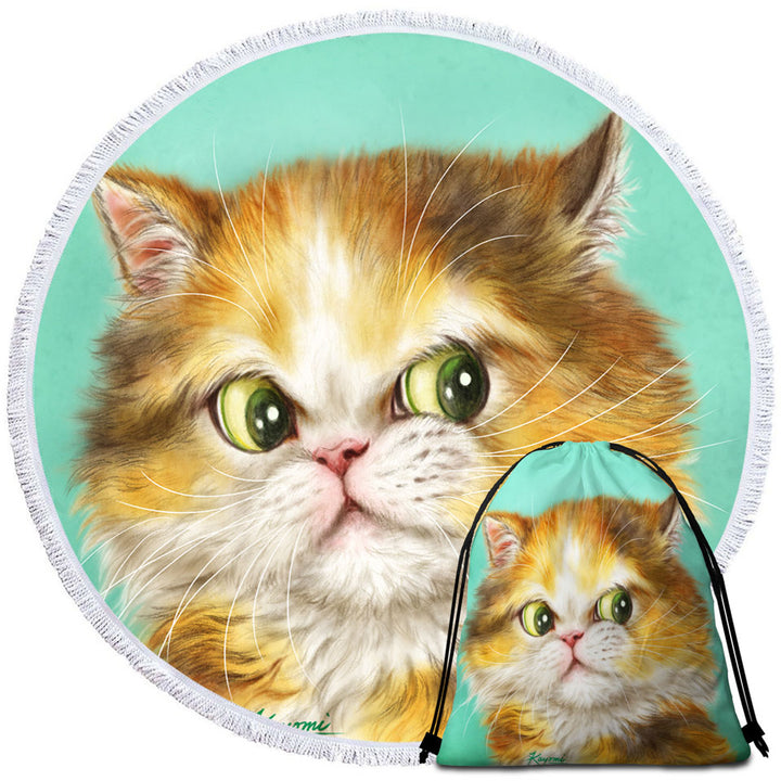 Beach Towels and Bags Set with Green Background Painted Furry Ginger Cat