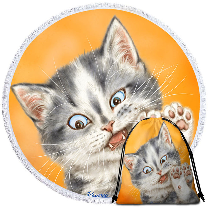 Beautiful Round Beach Towel Cats Drawings Grey Kitten over Orange