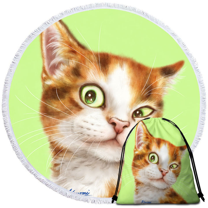 Beautiful Round Beach Towel Painted Cats Curious Ginger Kitty