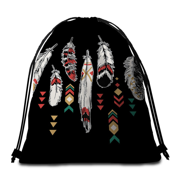 Black Background Feathers Packable Beach Towel