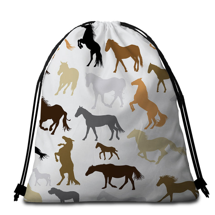 Black Grey Brown Beige Horses Beach Towel Bags