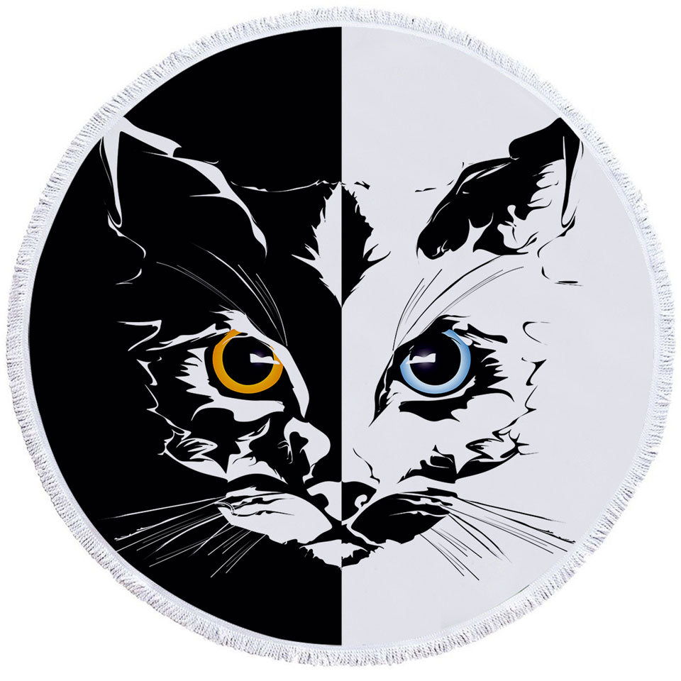 Black and White Big Beach Towels Tough Cat Face Yellow VS Blue