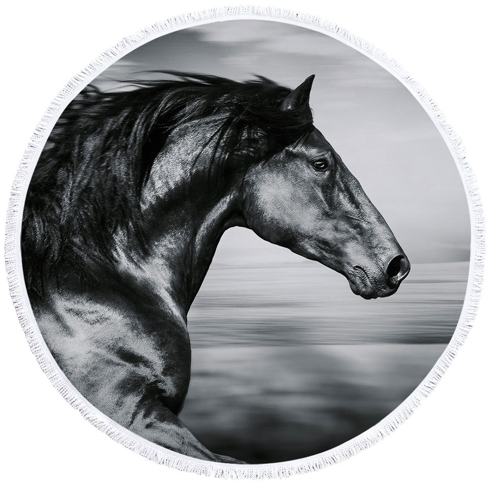 Black and White Photo Wild Horse Round Beach Towel