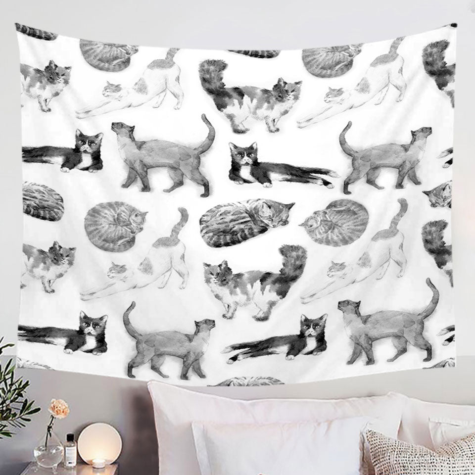 Black and White Wall Art Tapestry with Cats