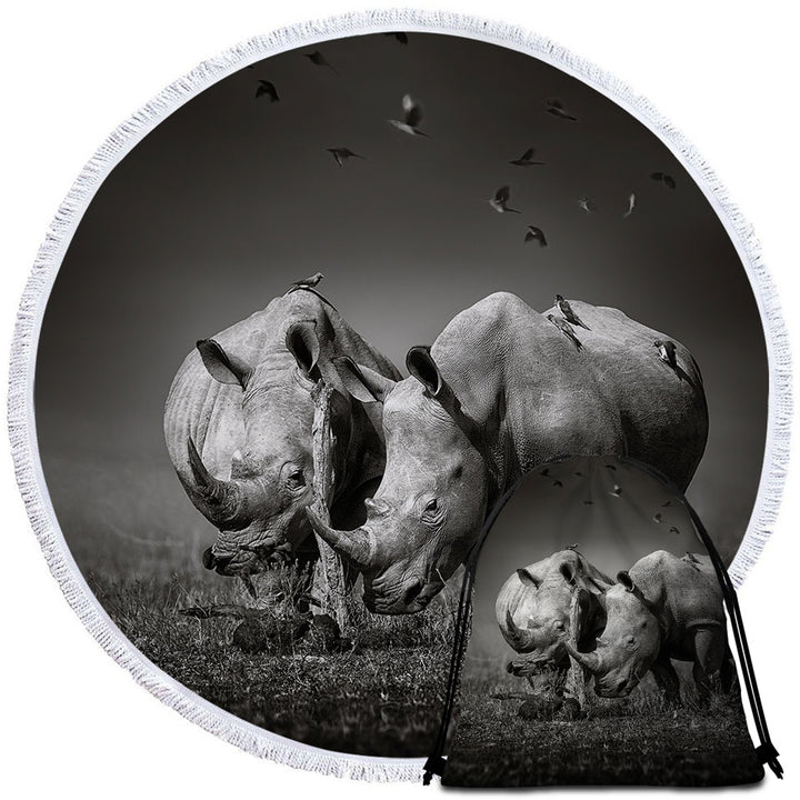 Black and White Wild Rhinos Round Beach Towel