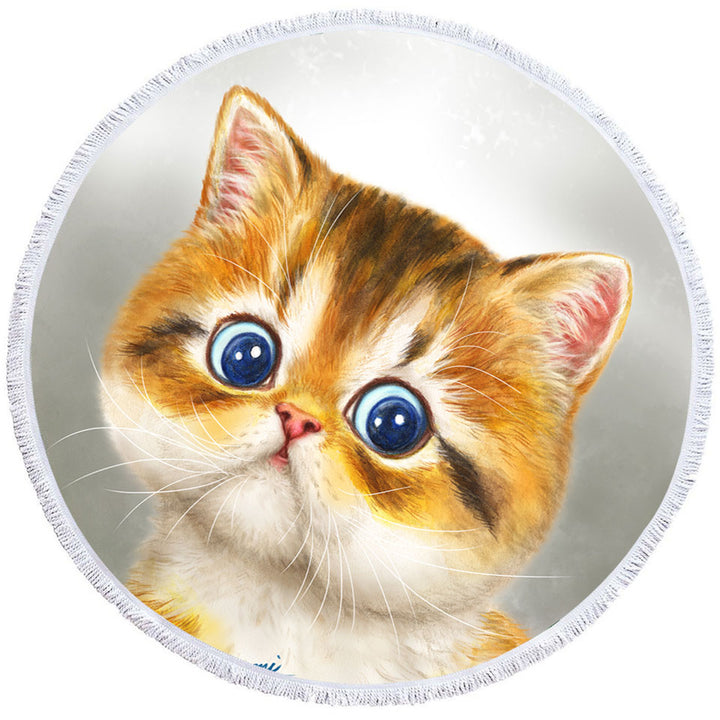 Blue Eyes Ginger Kitten Cat Round Beach Towel