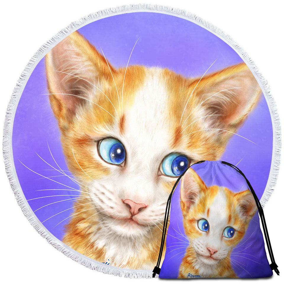 Blue Eyes Ginger Kitten Cats Art Drawings Beach Towels and Bags Set