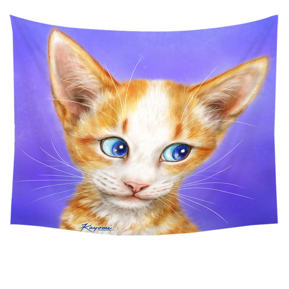 Blue Eyes Ginger Kitten Cats Art Drawings Tapestry