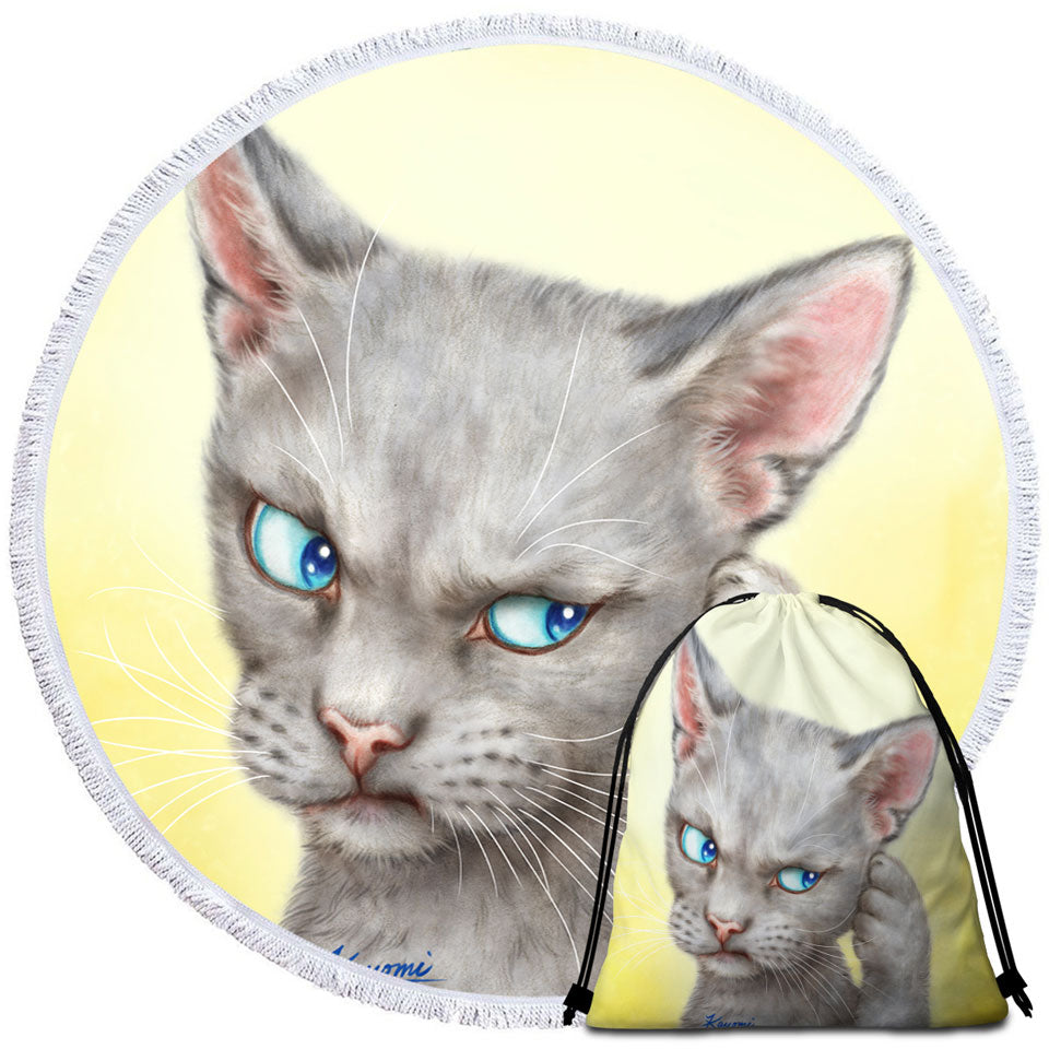 Blue Eyes Grey Kitty Cat Over Yellow Beach Towels