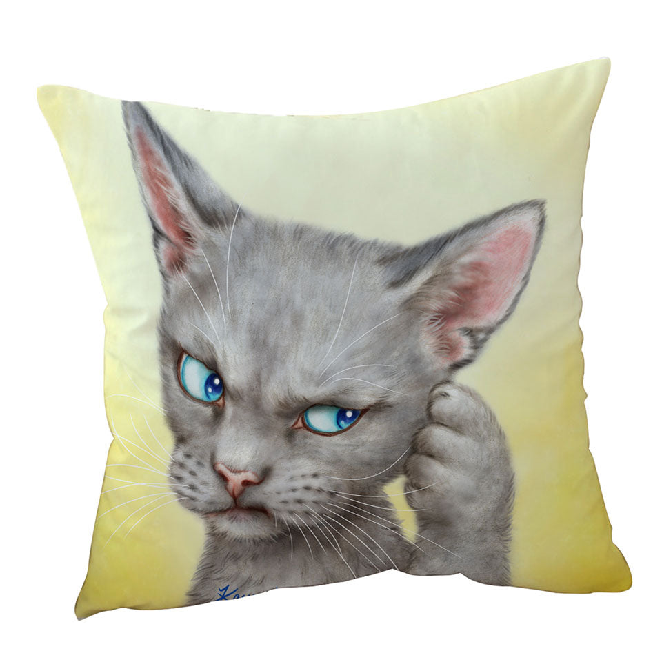 Blue Eyes Grey Kitty Cat Over Yellow Throw Pillow Cover