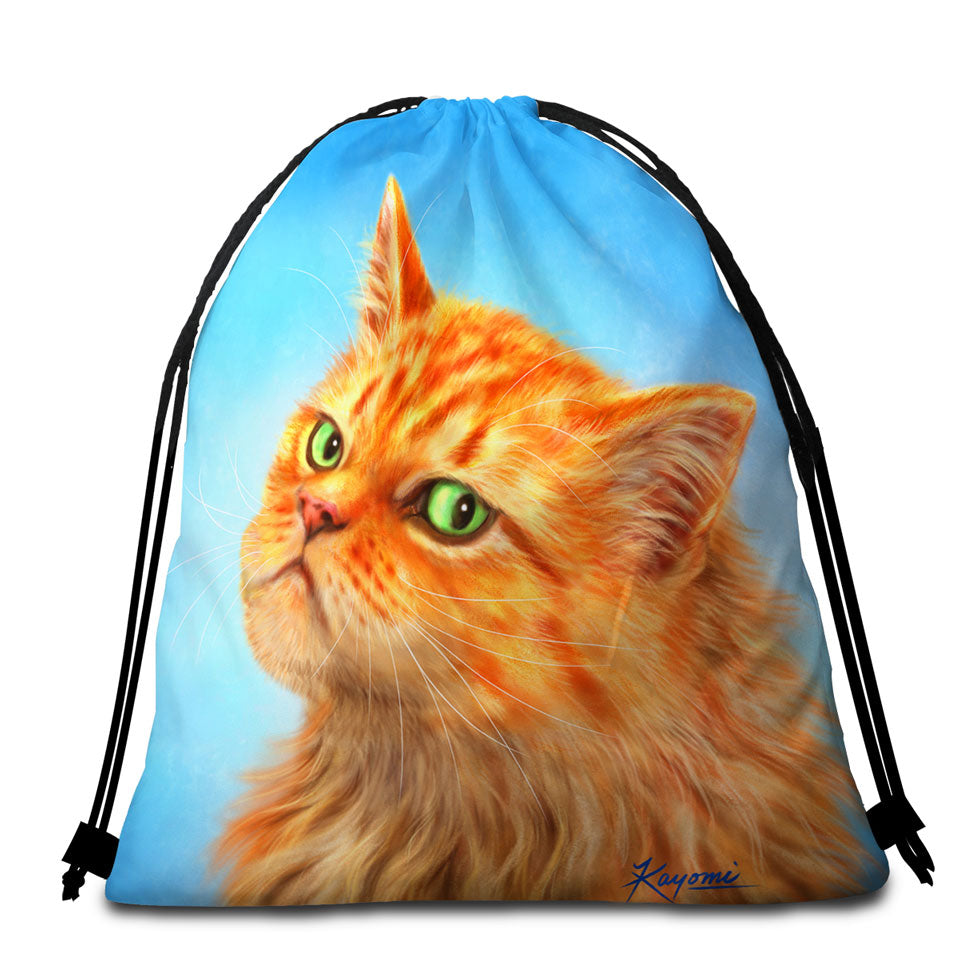 Boys Beach Towel Bags Suspicious Ginger Cat over Blue