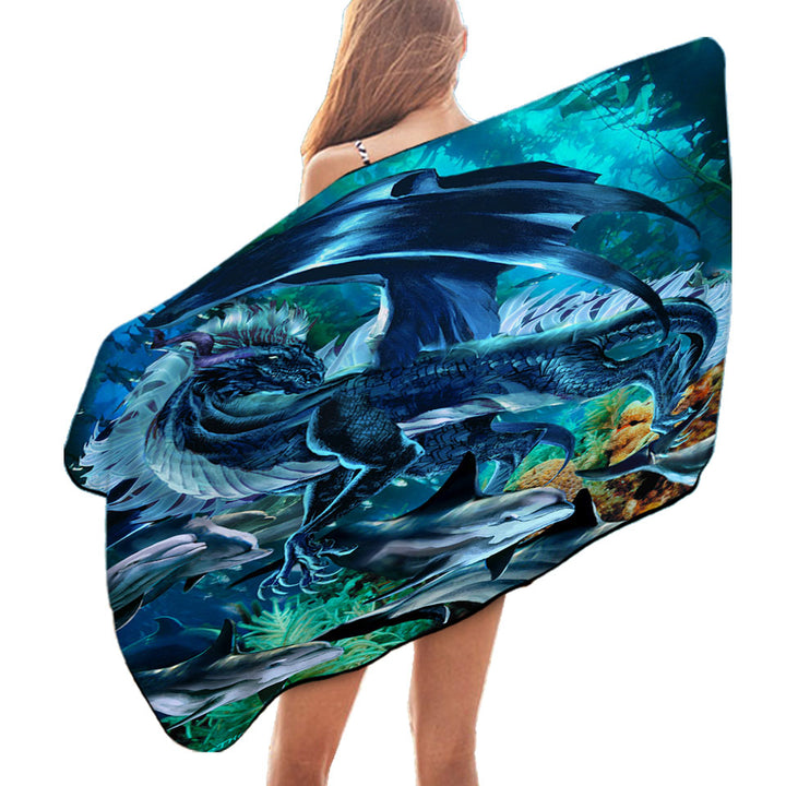 Brothers of the Sea Fantasy Dragon and Dolphins Beach Towels