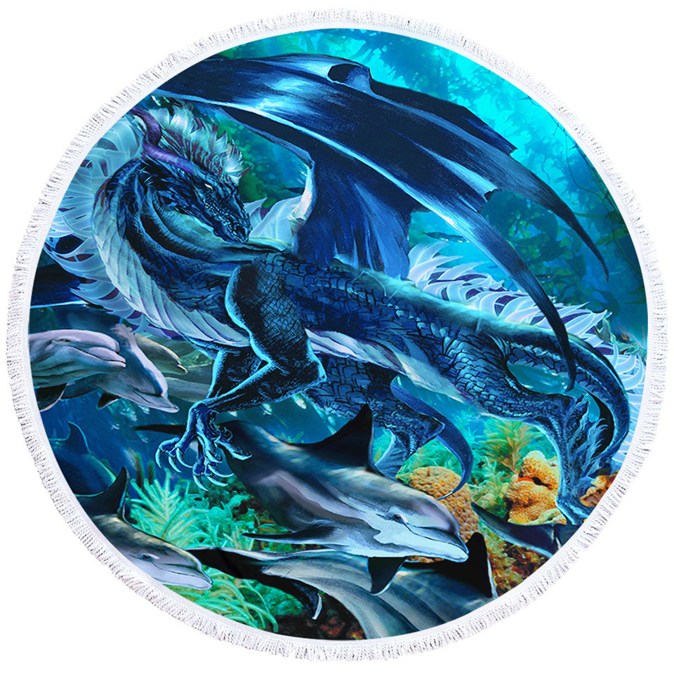 Brothers of the Sea Fantasy Dragon and Dolphins Circle Beach Towel