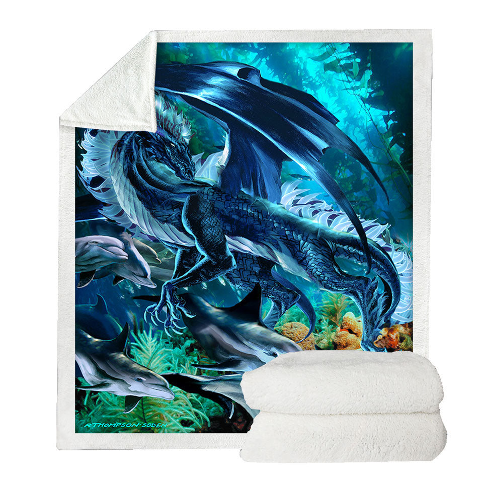 Brothers of the Sea Fantasy Dragon and Dolphins Lightweight Blankets