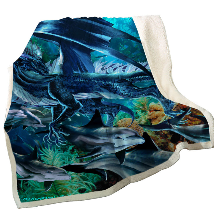 Brothers of the Sea Fantasy Dragon and Dolphins Throw Blankets