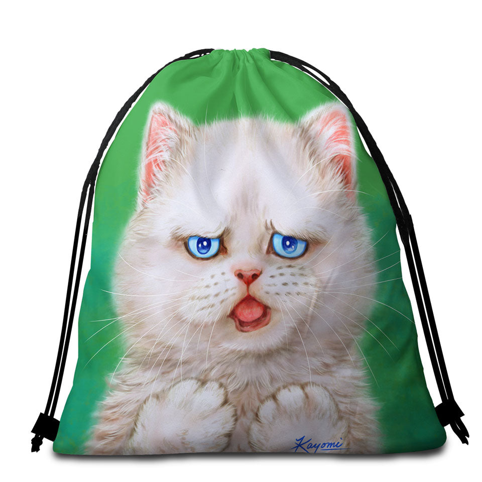 Cat Drawings Beach Towel Bags with Innocent White Kitten