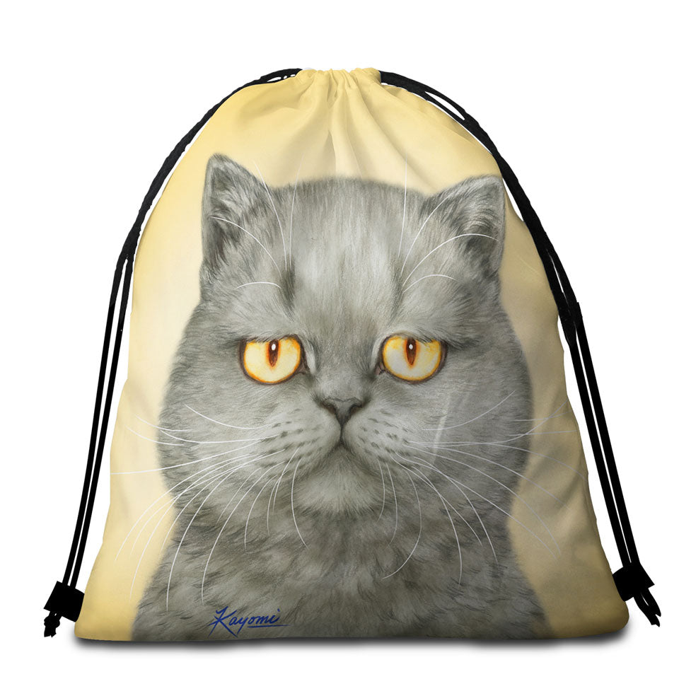 Cats Beach Towel Bags Art Paintings Yellow Eye Cranky Grey Cat