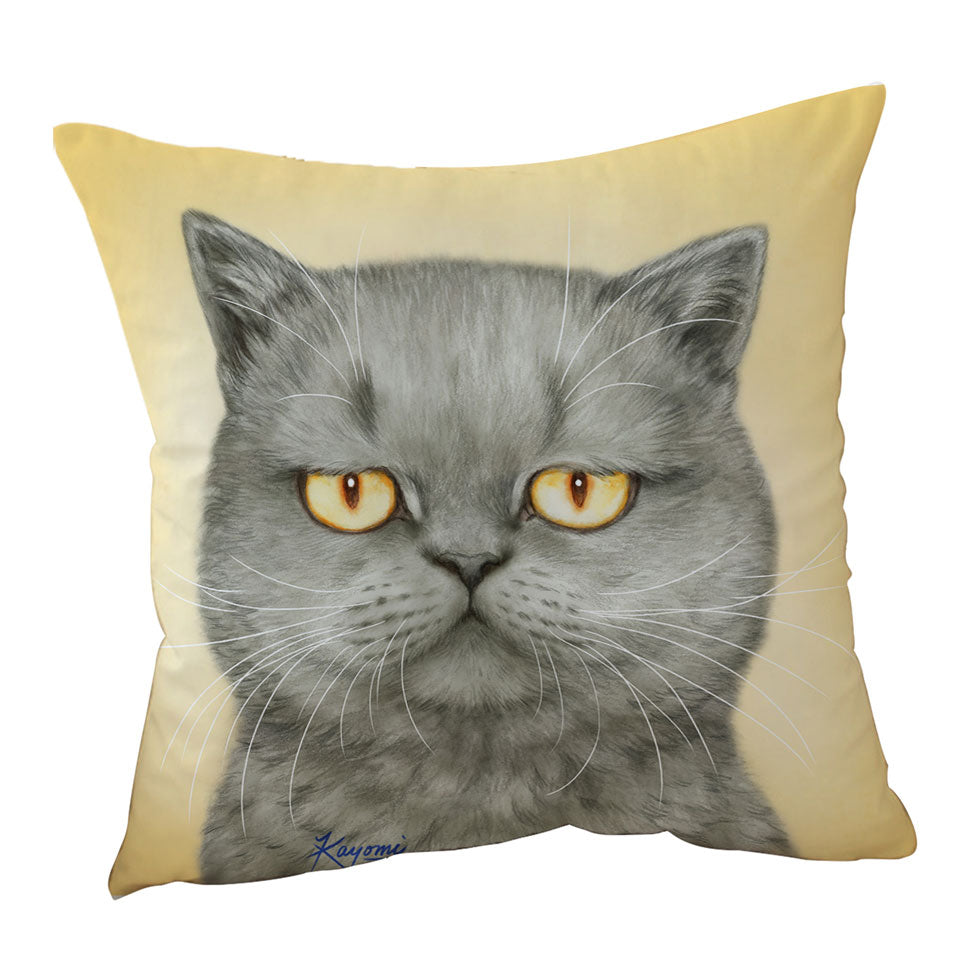 Cats Throw Pillows Art Paintings Yellow Eye Cranky Grey Cat