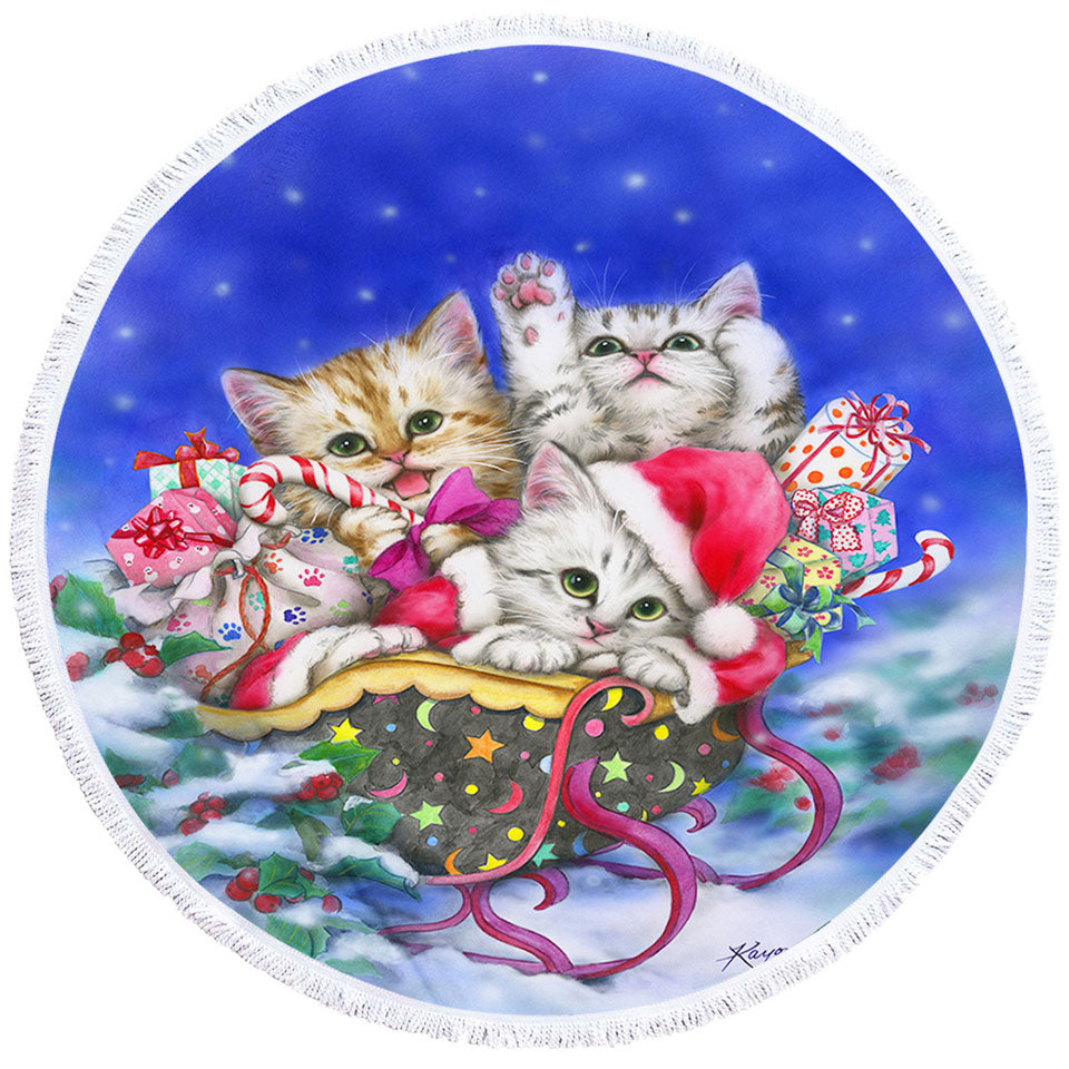 Christmas Beach Towels Gift Three Lovely Kittens in Sleigh