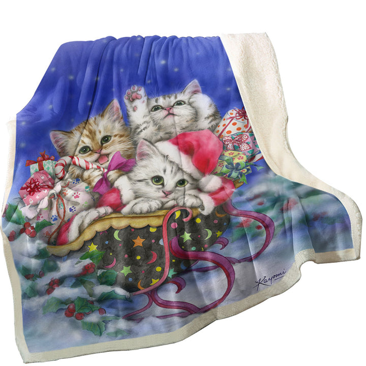 Christmas Couch Throws Gift Three Lovely Kittens in Sleigh