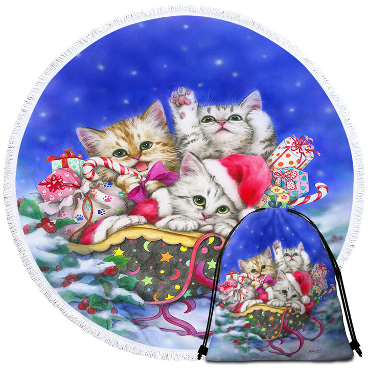 Christmas Round Beach Towel Gift Three Lovely Kittens in Sleigh