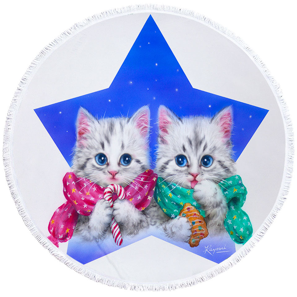 Circle Beach Towel Christmas Star with Two Cute Grey Kittens