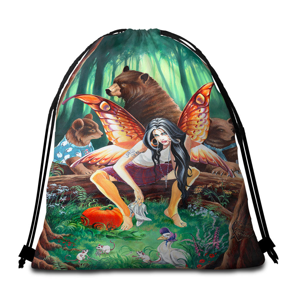 Cool Beach Towel Bags for Guys Fairy Tale Tough Fairy and Three Bears