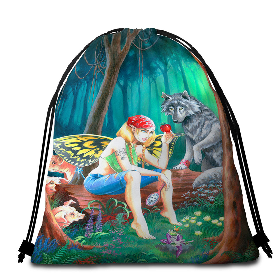 Cool Fairy Tale Packable Beach Towel Forest Tough Fairy and Friends