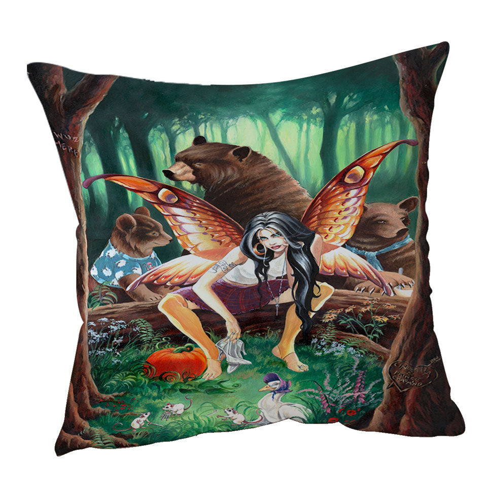 Cool Fairy Tale Throw Pillow Cover Tough Fairy and Three Bears