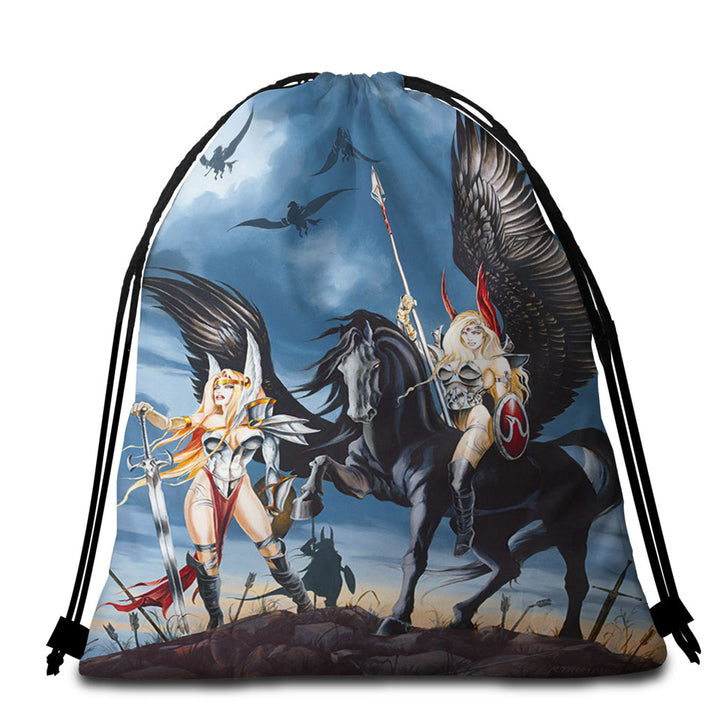 Cool Fantasy Art Pegasus Women Warriors Packable Beach Towel